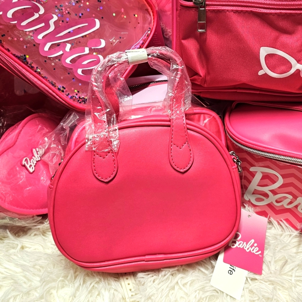 Barbie Logo Pink Faux Boston Handheld Crossbody Shoulder Bag With Chain - Picture 3 of 7